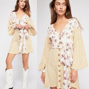 Free People Women’s Size XS Wonderland Mini Dress Button Down Floral Bohemian